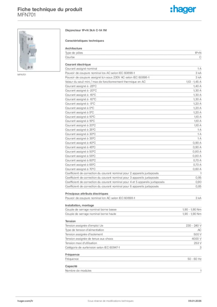 Image Hager Fiche technique du produit MFN701 | Hager France