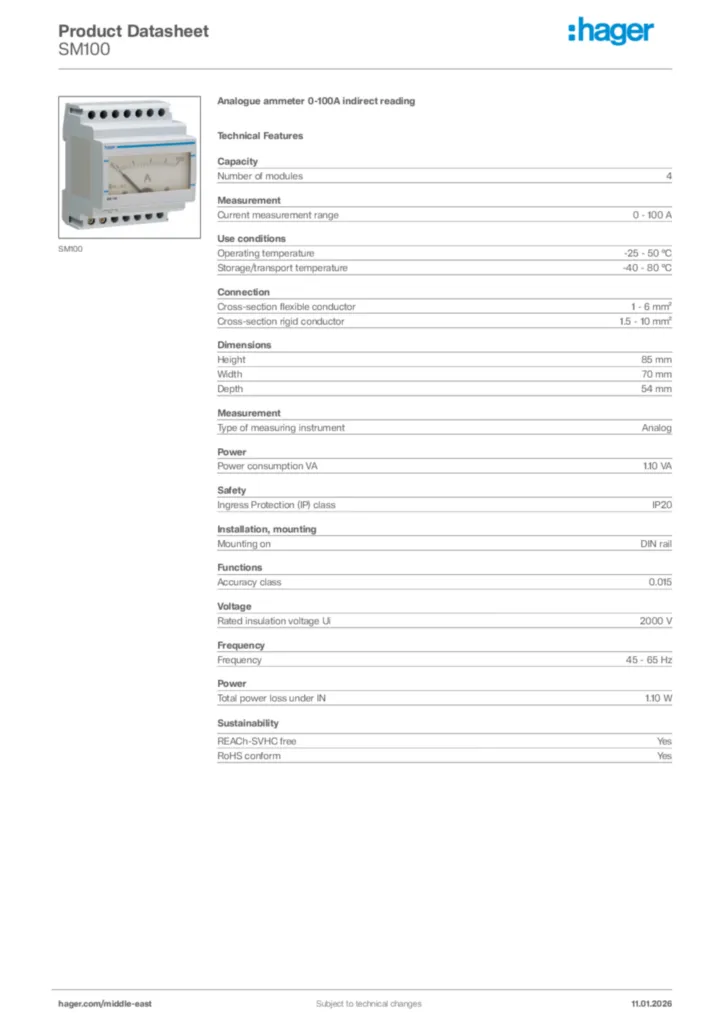 Image Hager Product data sheet SM100  | Hager