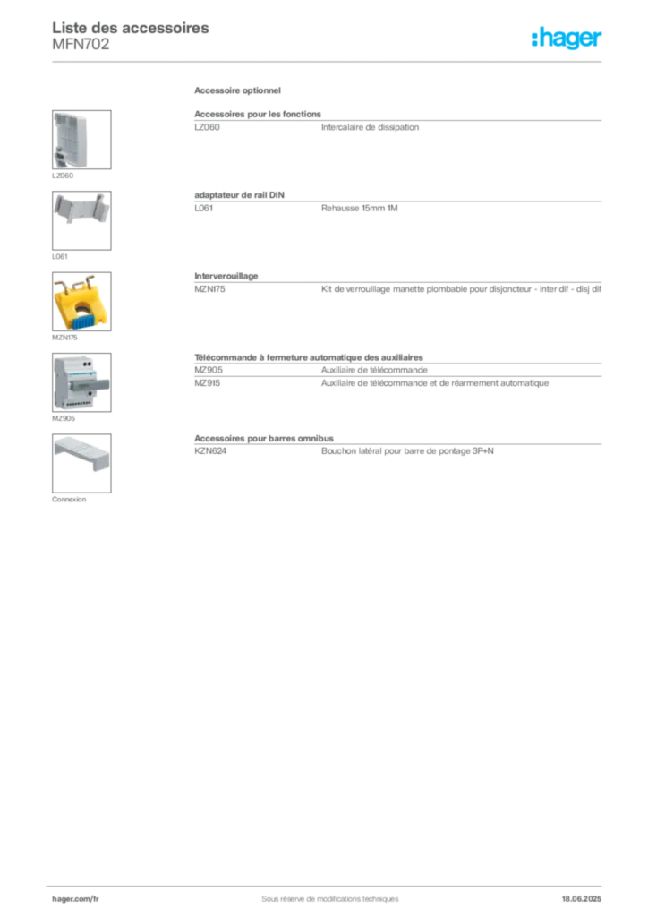Image Hager Fiche technique du produit MFN702 | Hager France