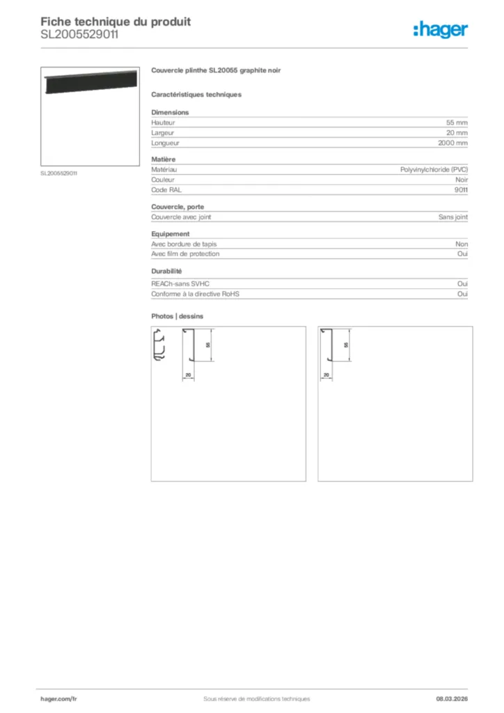Image Hager Fiche technique du produit SL2005529011 | Hager France