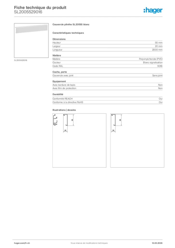 Image Hager Fiche technique du produit SL2005529016 | Hager Suisse