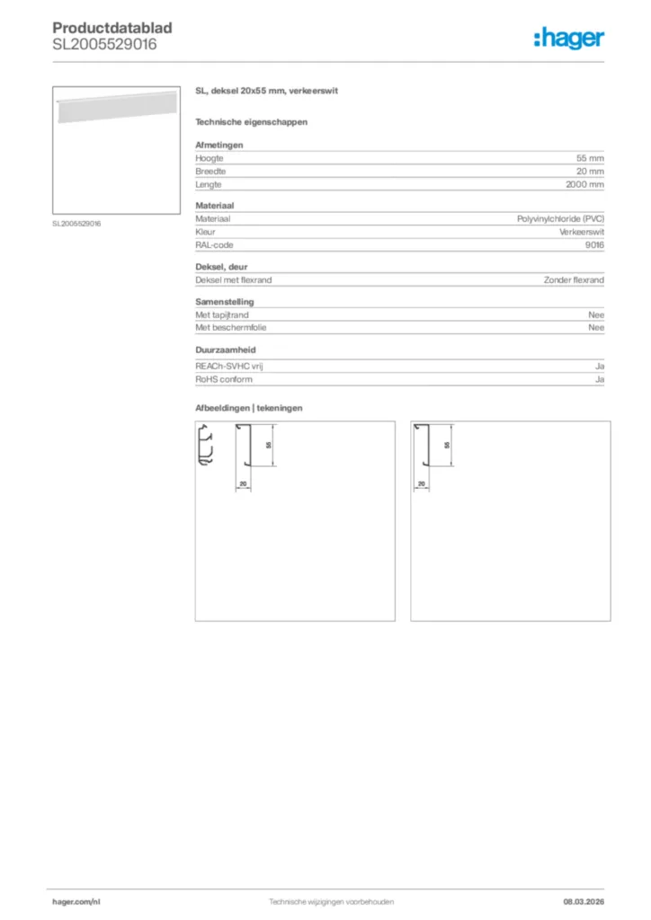 Afbeelding Hager Productdatablad SL2005529016 | Hager Nederland