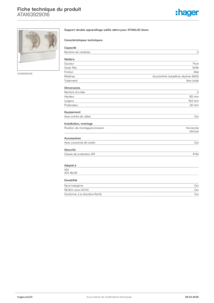 Image Hager Fiche technique du produit ATA163929016 | Hager France