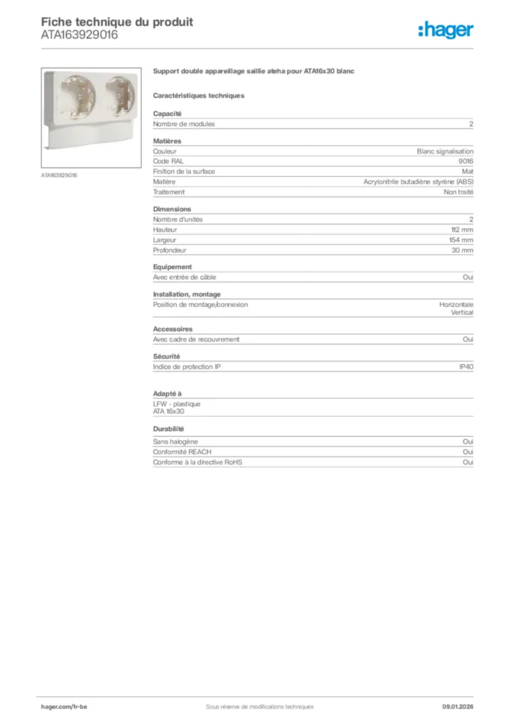 Image Hager Fiche technique du produit ATA163929016 | Hager Belgique