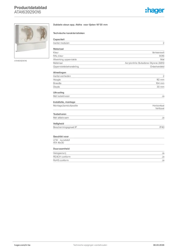 Afbeelding Hager Productdatablad ATA163929016 | Hager Belgium