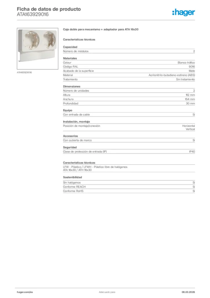 Imagen Hager Ficha de datos de producto ATA163929016 | Hager España