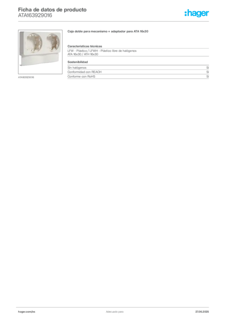 Imagen Hager Ficha de datos de producto ATA163929016 | Hager España