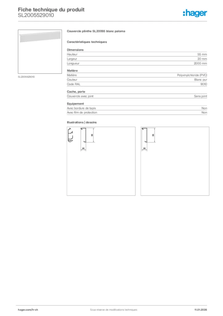 Image Hager Fiche technique du produit SL2005529010 | Hager Suisse