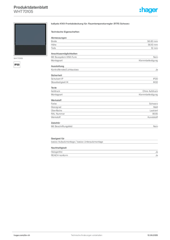 Bild Hager Produktdatenblatt WHT70105 | Hager Schweiz