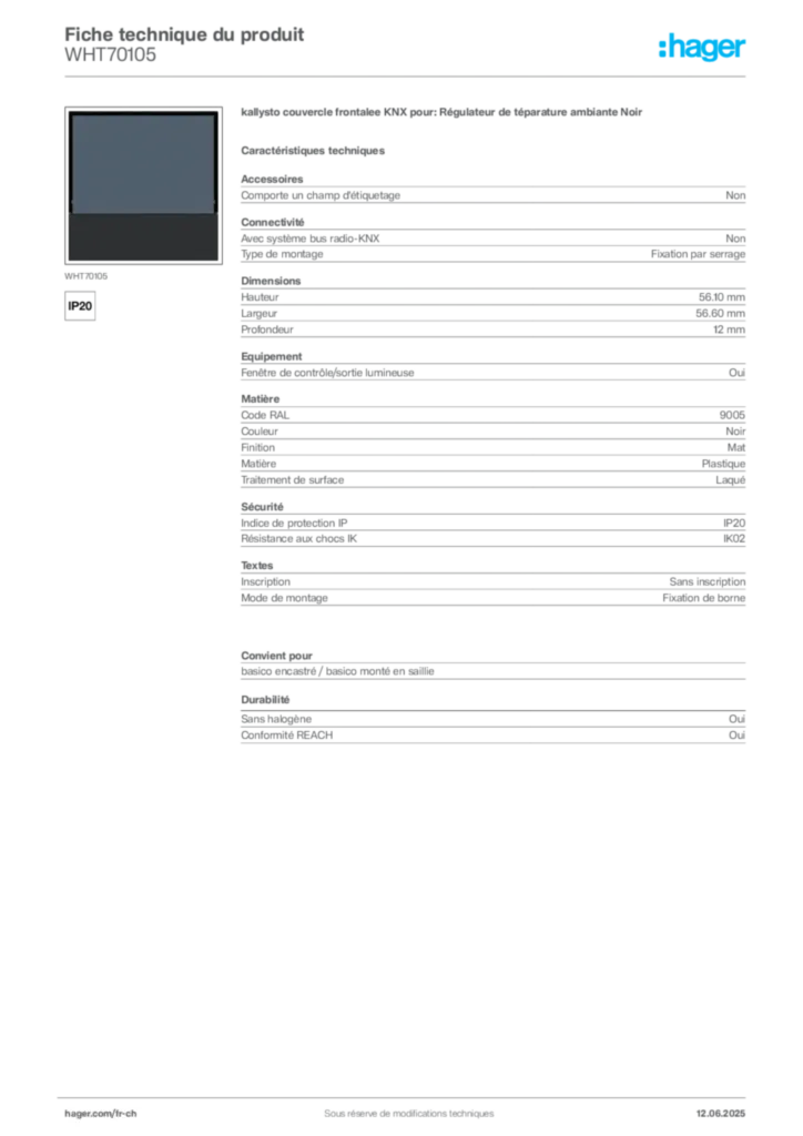 Image Hager Fiche technique du produit WHT70105 | Hager Suisse