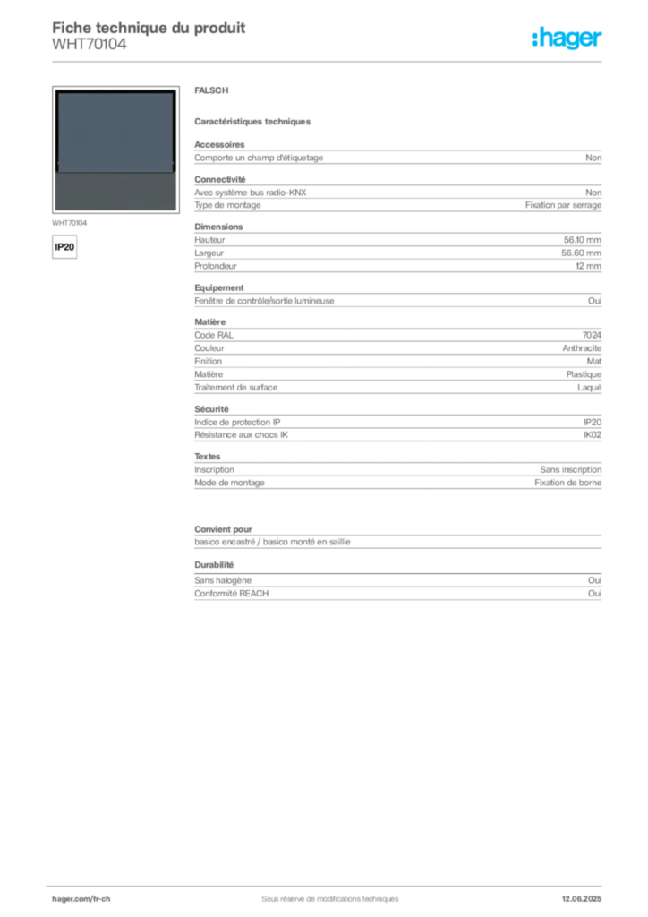 Image Hager Fiche technique du produit WHT70104 | Hager Suisse