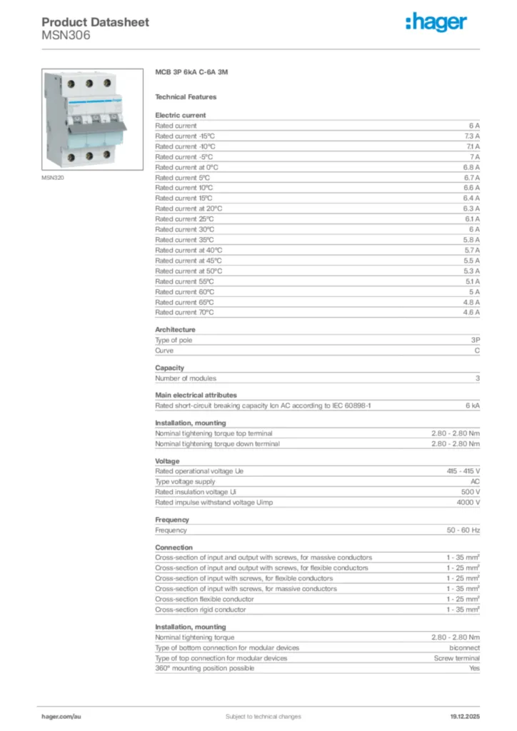 Image Hager Product data sheet MSN306  | Hager Australia