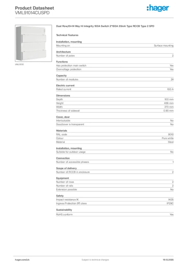 Image Hager Product data sheet VML91014CUSPD  | Hager