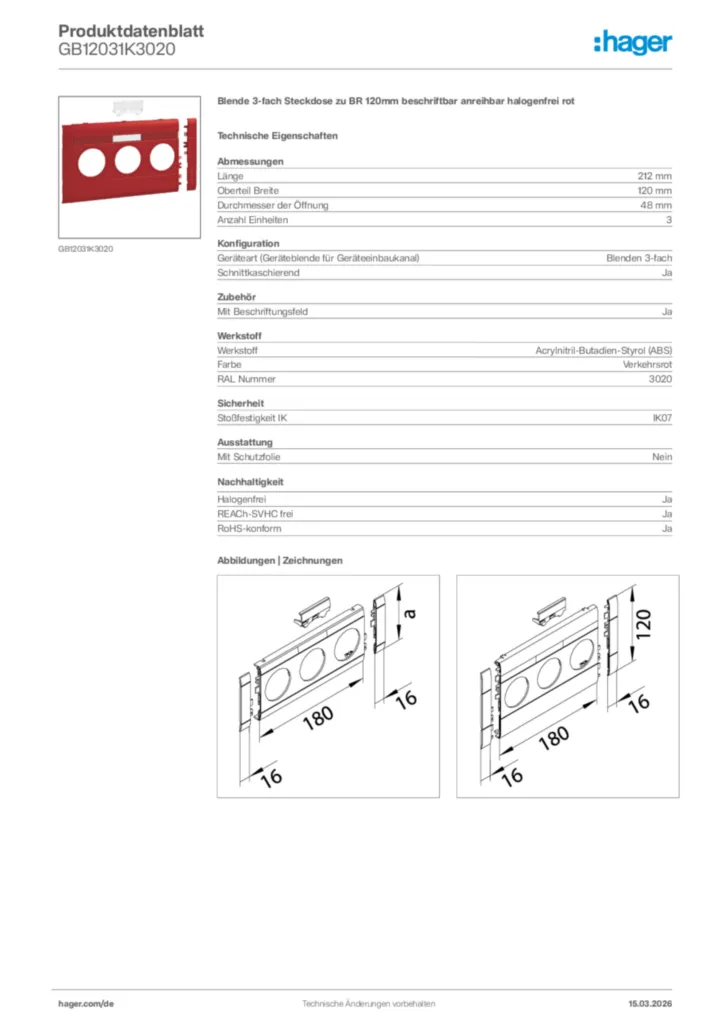 Bild Hager Produktdatenblatt GB12031K3020 | Hager Deutschland