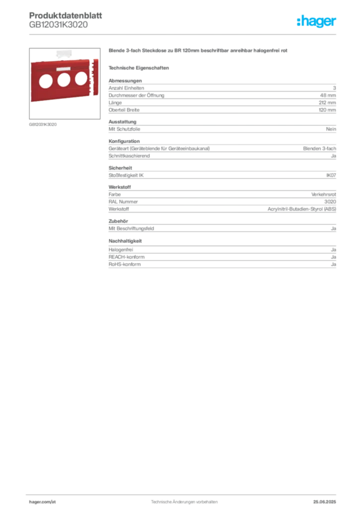 Bild Hager Produktdatenblatt GB12031K3020 | Hager Deutschland