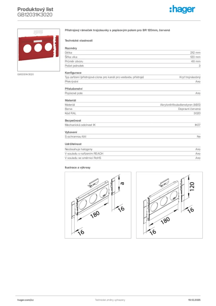 Obrázek Hager Produktový list GB12031K3020 | Hager