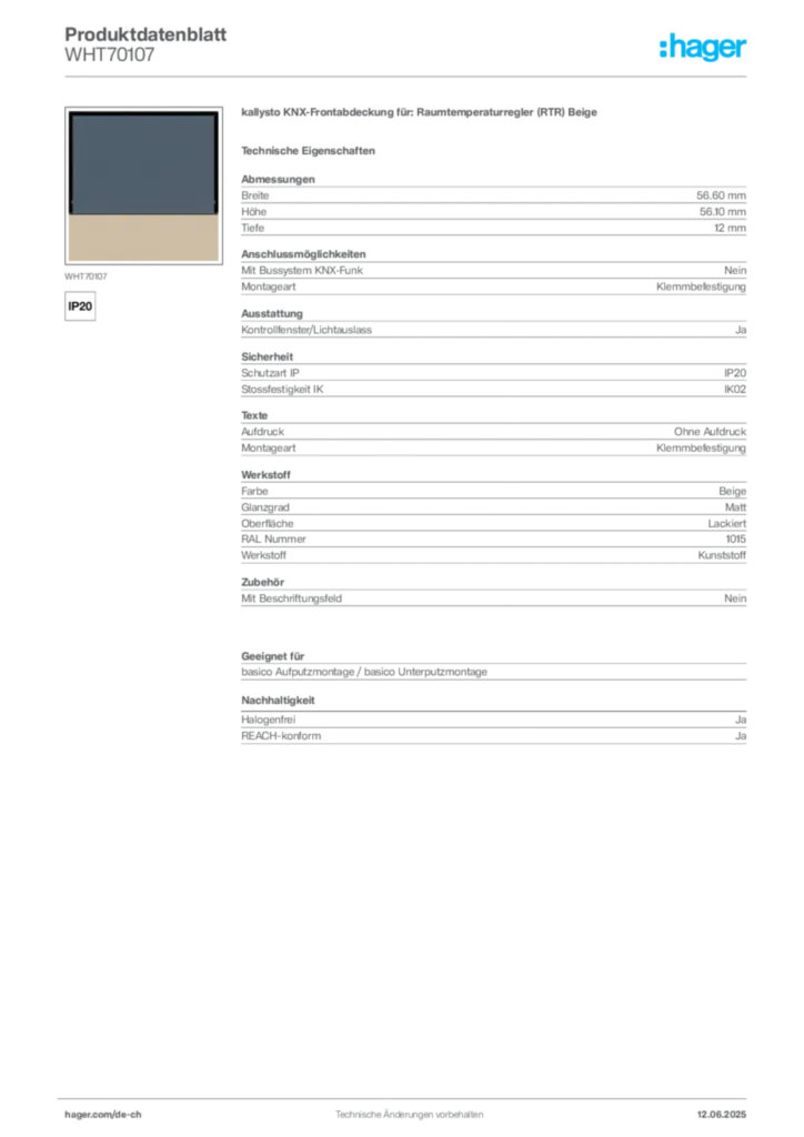 Bild Hager Produktdatenblatt WHT70107 | Hager Schweiz