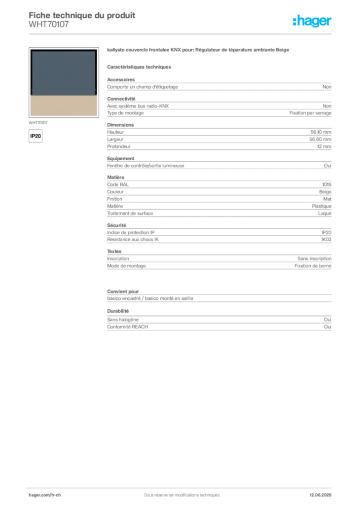 Image Hager Fiche technique du produit WHT70107 | Hager Suisse