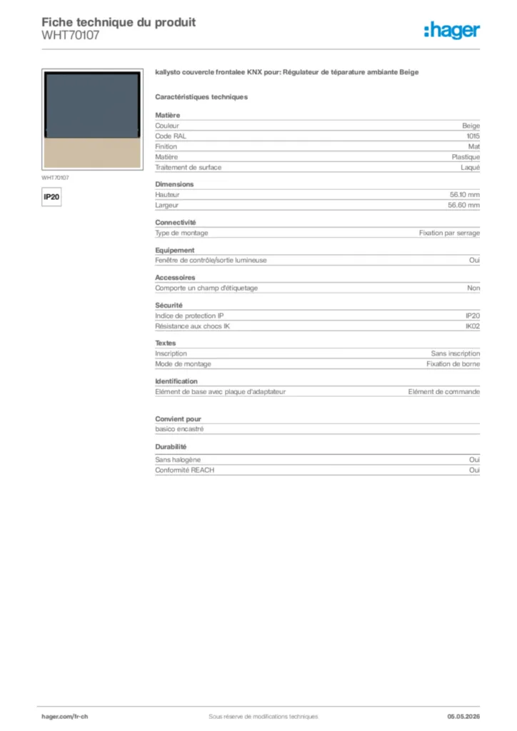 Image Hager Fiche technique du produit WHT70107 | Hager Suisse