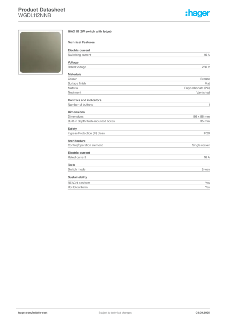 Image Hager Product data sheet WGDL112NNB  | Hager