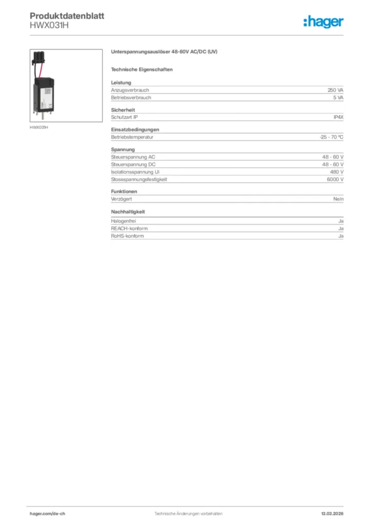 Bild Hager Produktdatenblatt HWX031H | Hager Schweiz