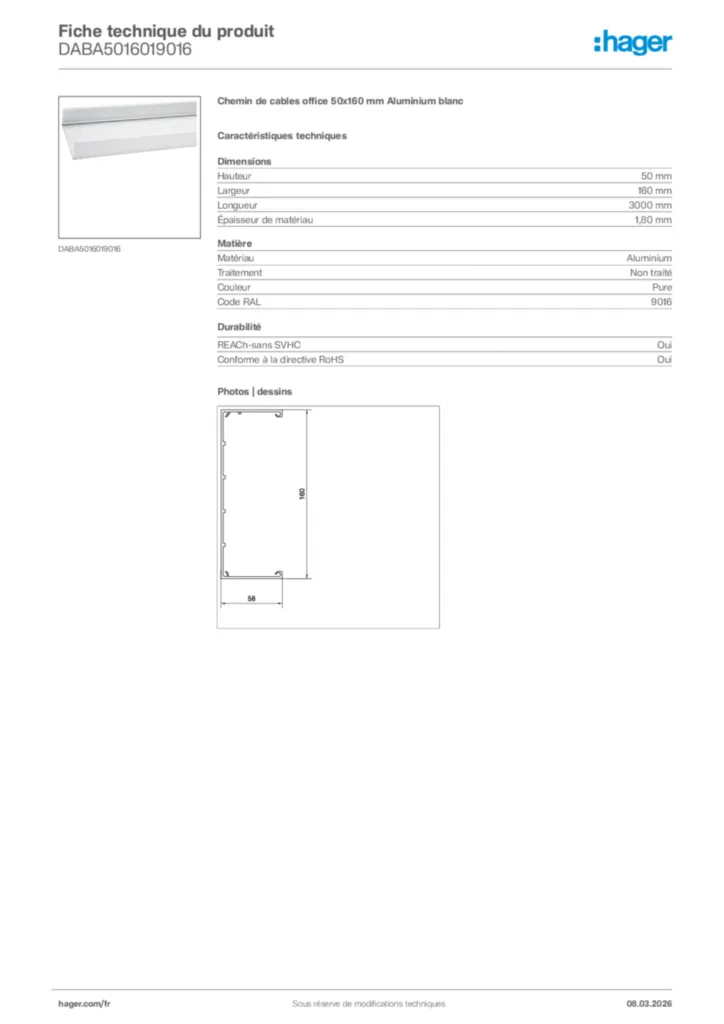 Image Hager Fiche technique du produit DABA5016019016 | Hager France