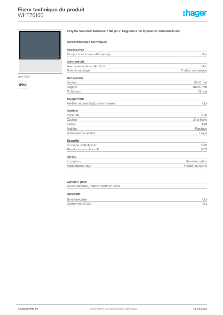 Image Hager Fiche technique du produit WHT70100 | Hager Suisse