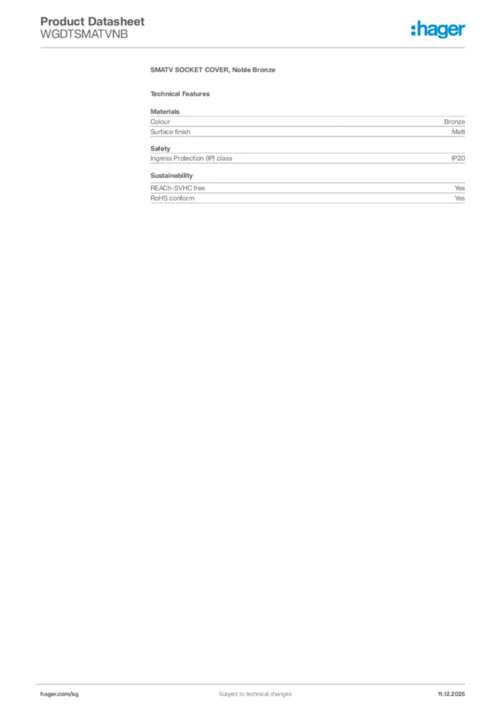 Image Hager Product data sheet WGDTSMATVNB  | Hager