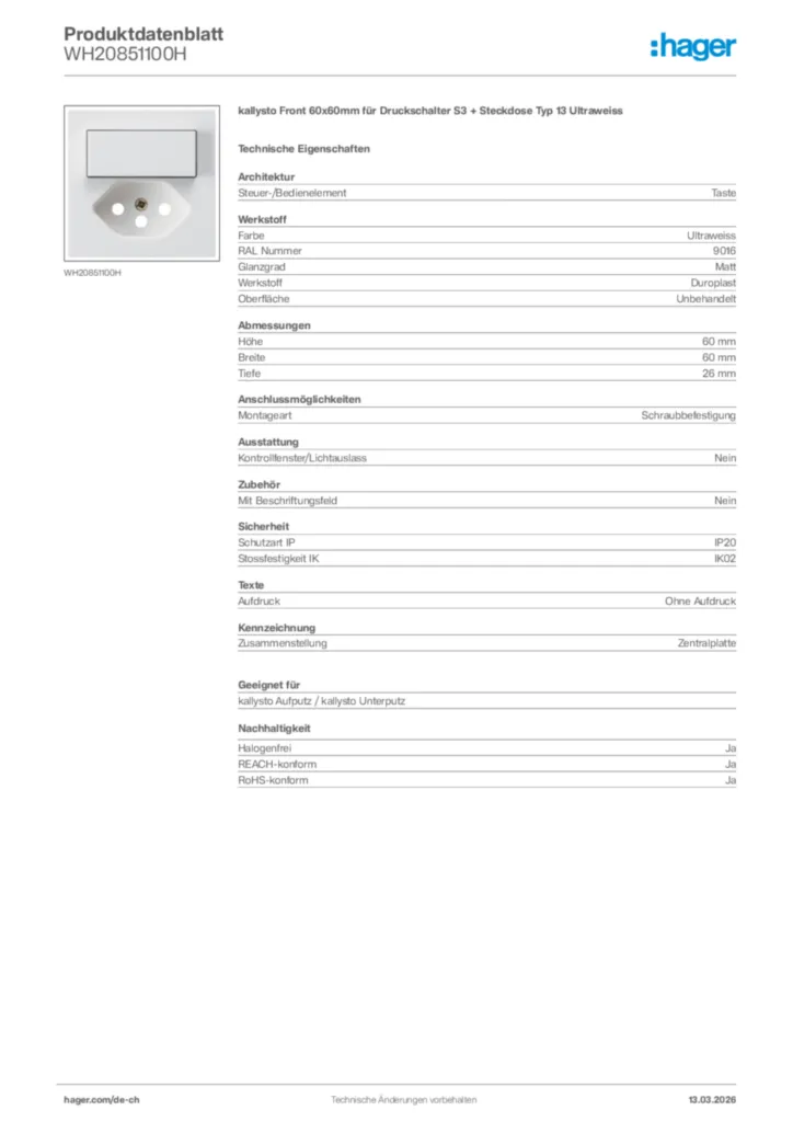 Bild Hager Produktdatenblatt WH20851100H | Hager Schweiz