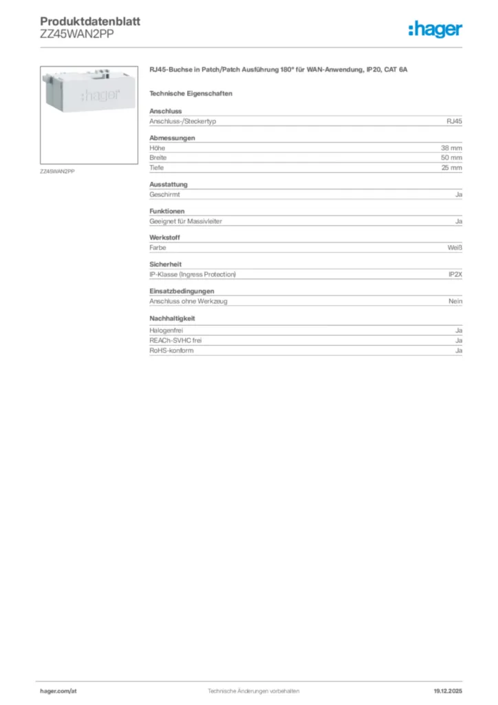 Bild Hager Produktdatenblatt ZZ45WAN2PP | Hager Deutschland