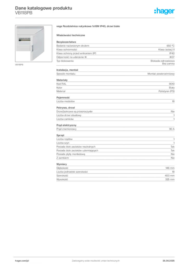 Zdjęcie Hager Karta katalogowa VB118PB | Hager Polska