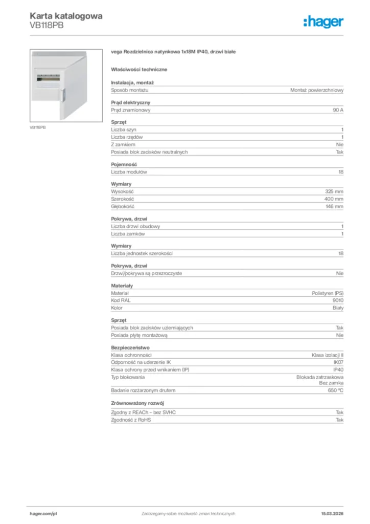 Zdjęcie Hager Karta katalogowa VB118PB | Hager Polska