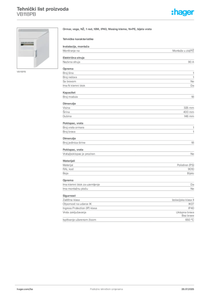 Slika Hager Product data sheet VB118PB  | Hager
