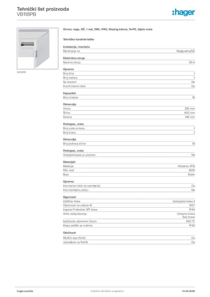 Slika Hager Tehnički list proizvoda VB118PB  | Hager