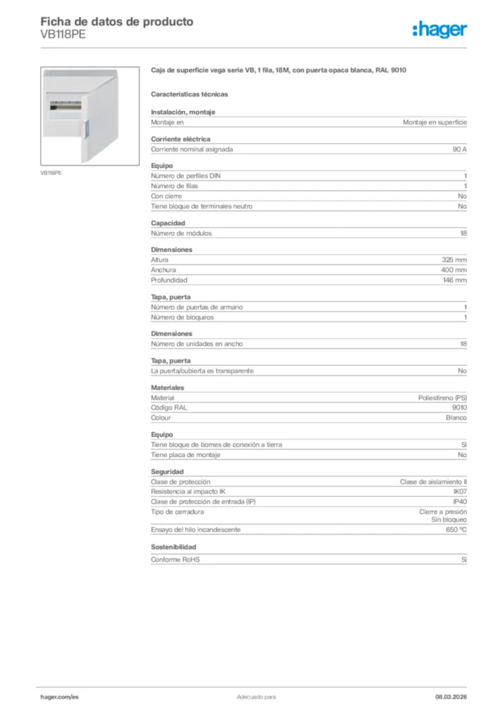 Imagen Hager Ficha de datos de producto VB118PE | Hager España