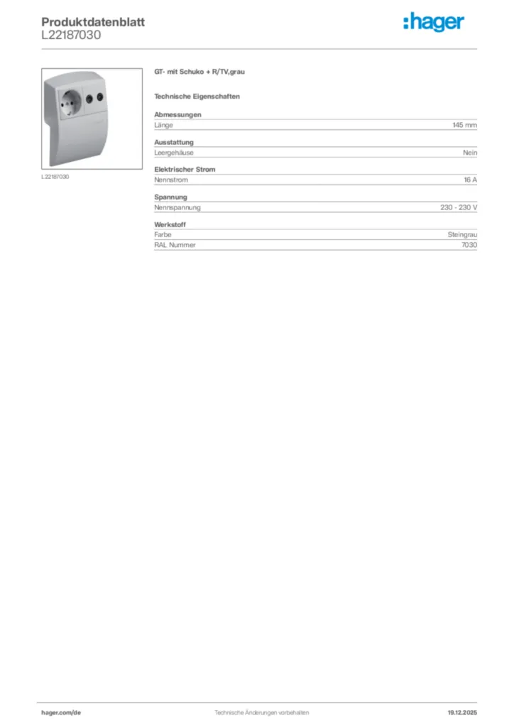 Bild Hager Produktdatenblatt L22187030 | Hager Deutschland