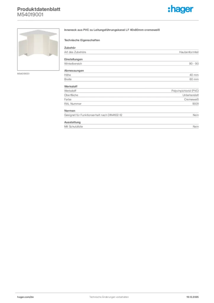 Bild Hager Produktdatenblatt M54019001 | Hager Deutschland