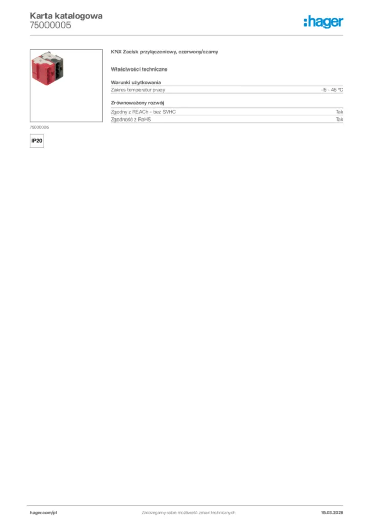 Zdjęcie Hager Karta katalogowa 75000005 | Hager Polska