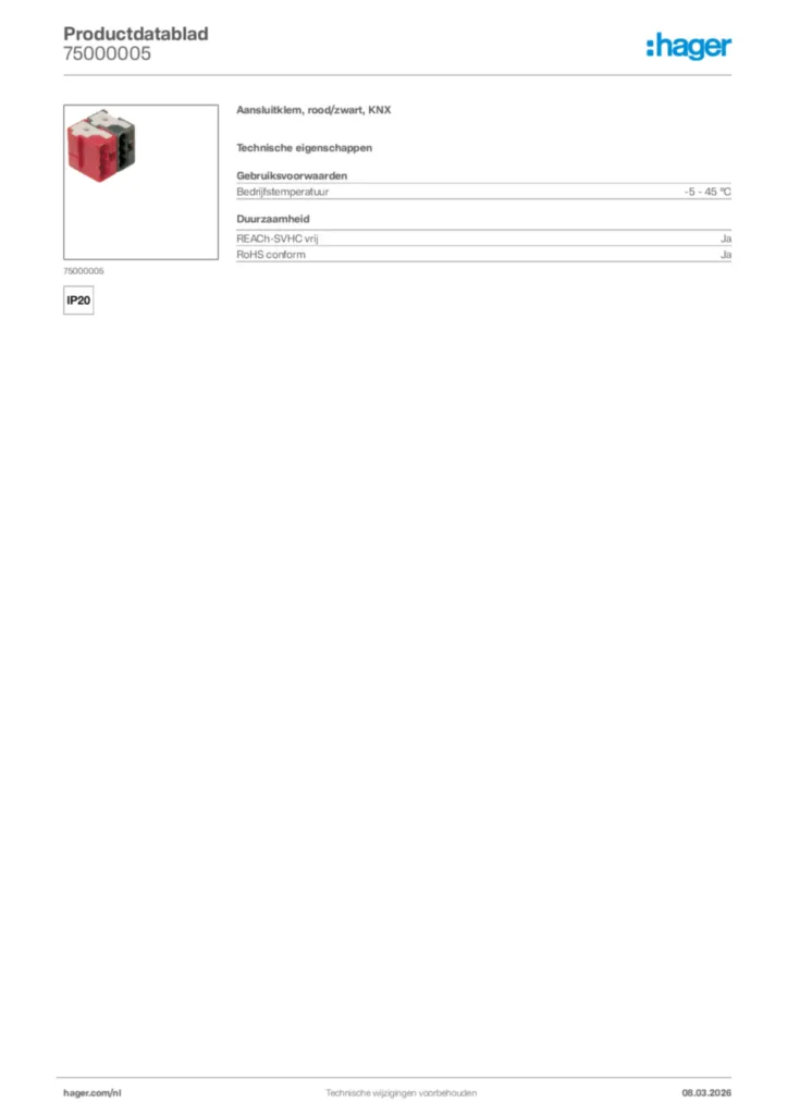 Afbeelding Hager Productdatablad 75000005 | Hager Nederland