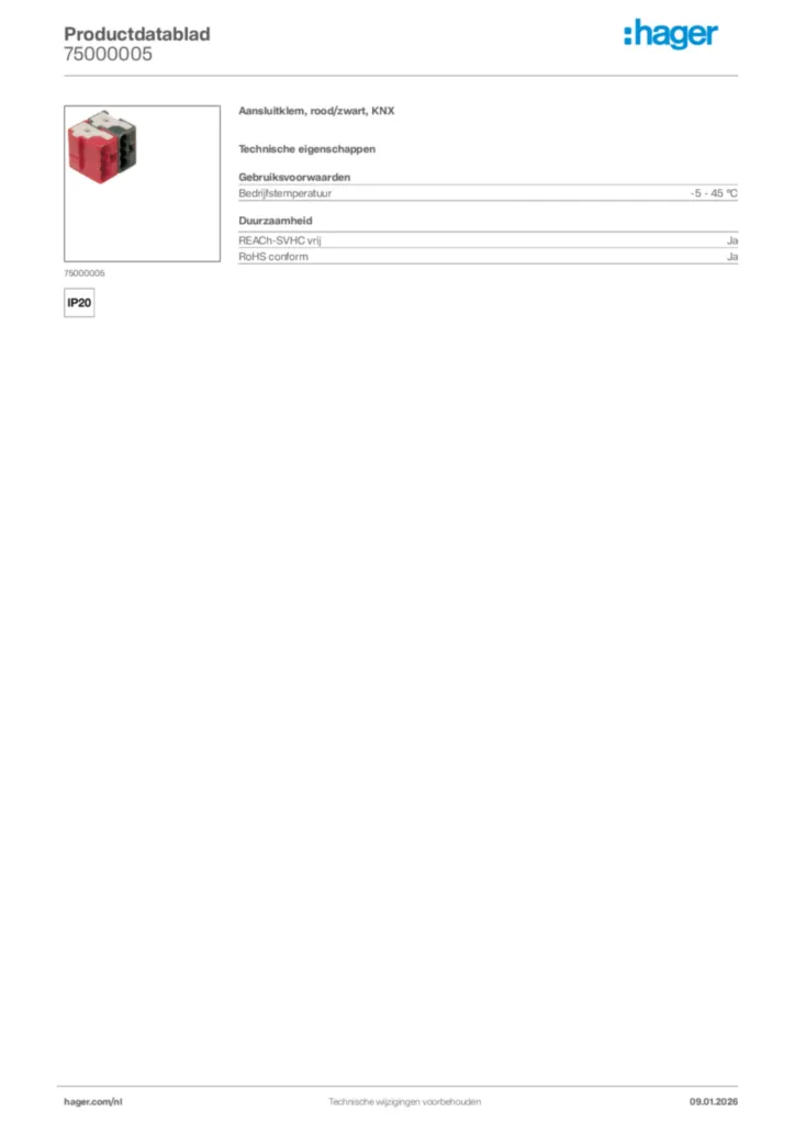 Afbeelding Hager Productdatablad 75000005 | Hager Nederland