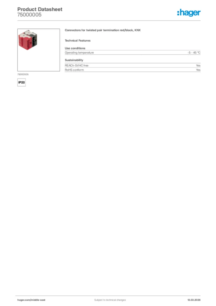 Image Hager Product data sheet 75000005  | Hager