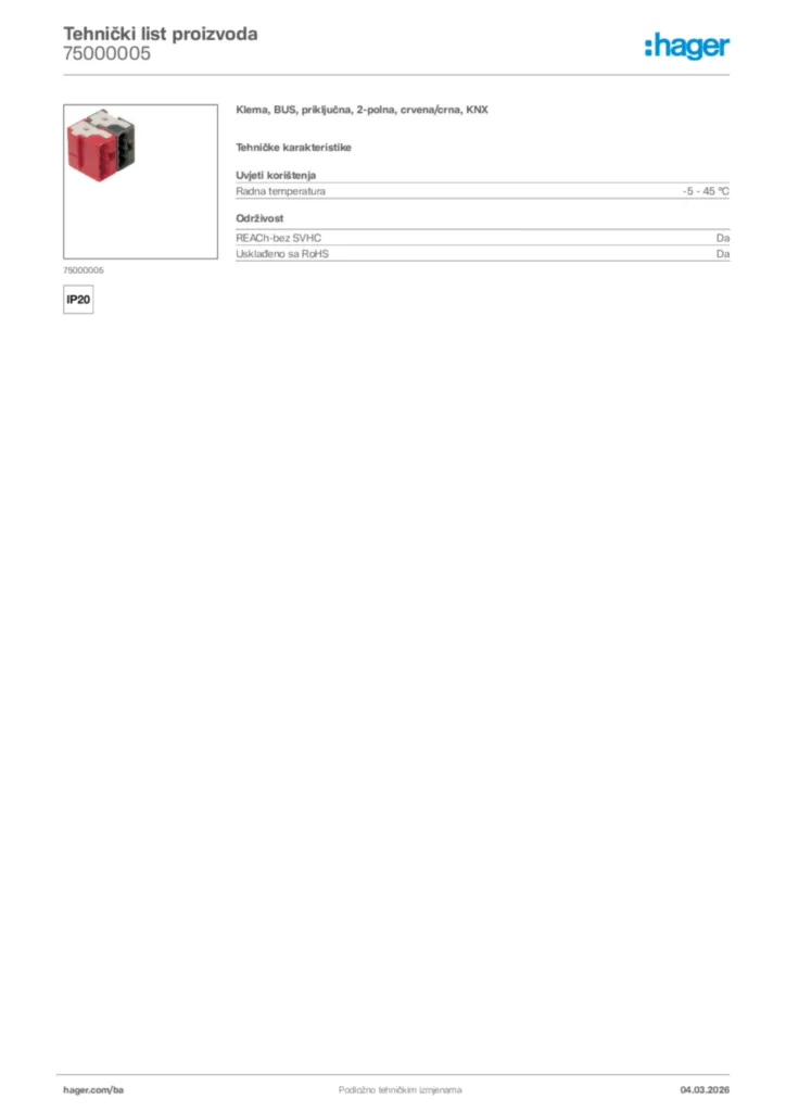 Slika Hager Tehnički list proizvoda 75000005  | Hager