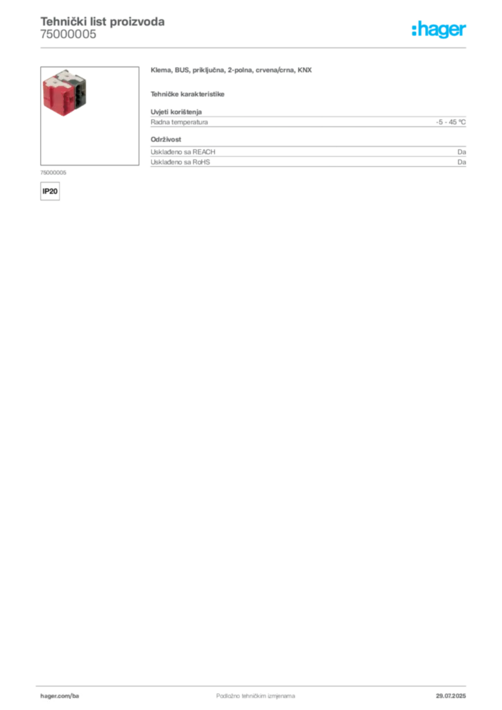 Slika Hager Product data sheet 75000005  | Hager