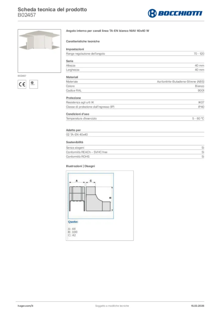 Immagine Bocchiotti Scheda tecnica del prodotto B02457 | Hager Italia