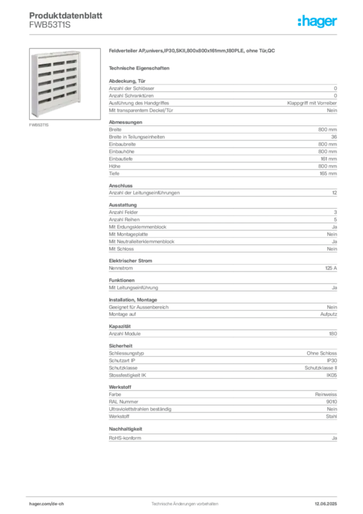 Bild Hager Produktdatenblatt FWB53T1S | Hager Schweiz