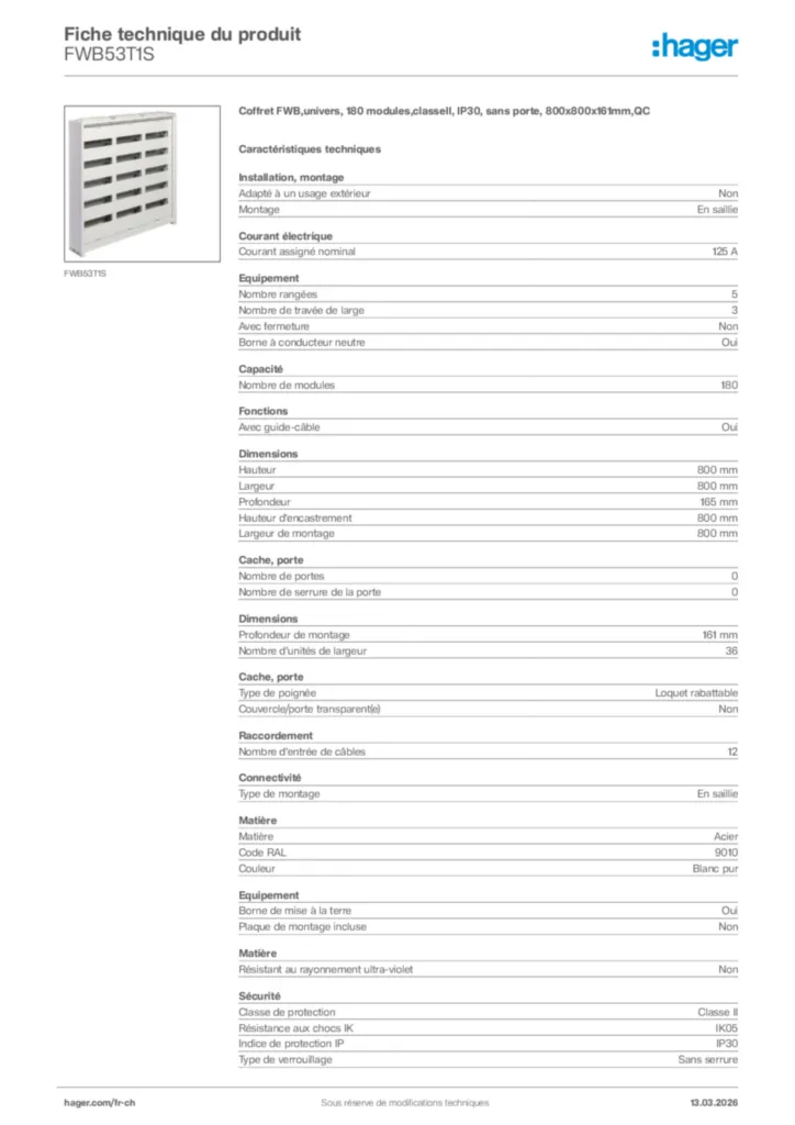Image Hager Fiche technique du produit FWB53T1S | Hager Suisse