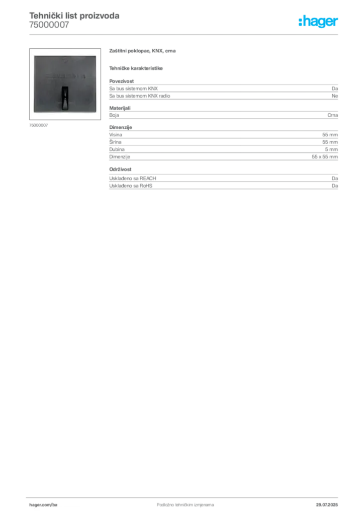 Slika Hager Product data sheet 75000007  | Hager