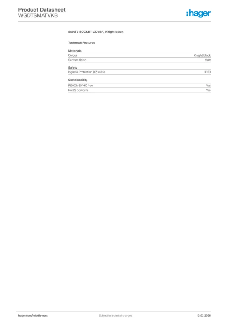 Image Hager Product data sheet WGDTSMATVKB  | Hager