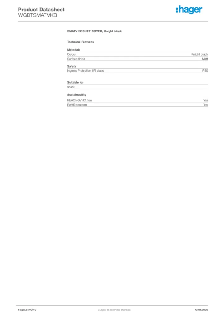 Image Hager Product data sheet WGDTSMATVKB  | Hager