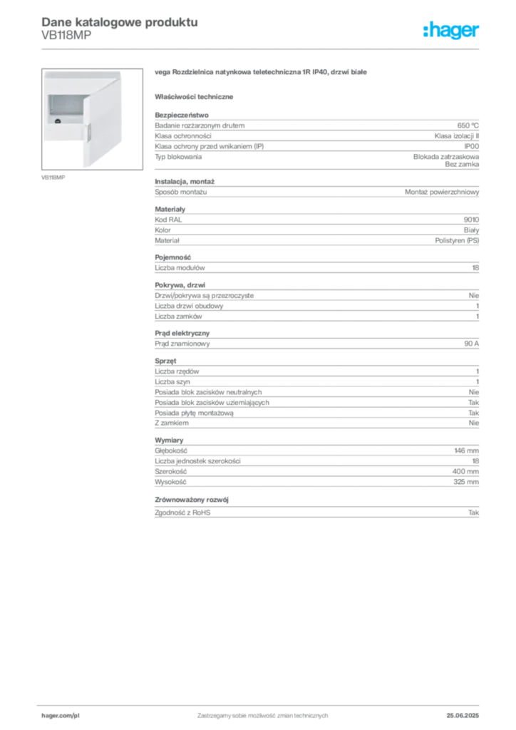 Zdjęcie Hager Karta katalogowa VB118MP | Hager Polska
